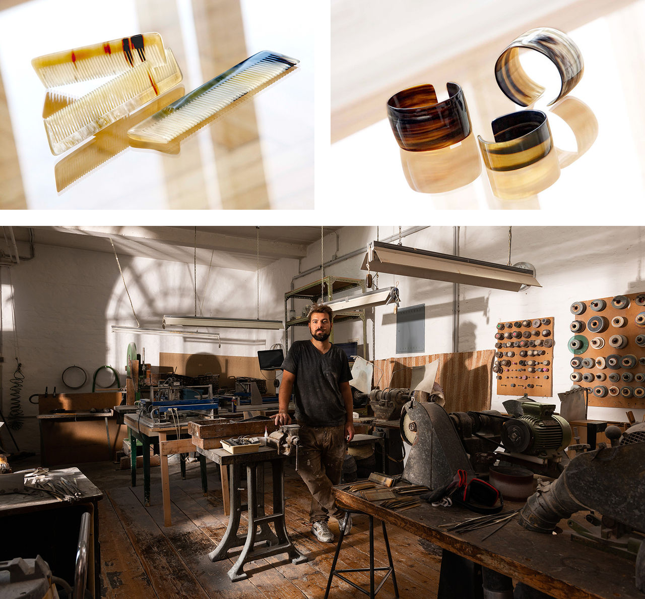 Horn-Produkte, Thomas Petz in seiner Werkstatt (Foto unten: © Nathan Murell)