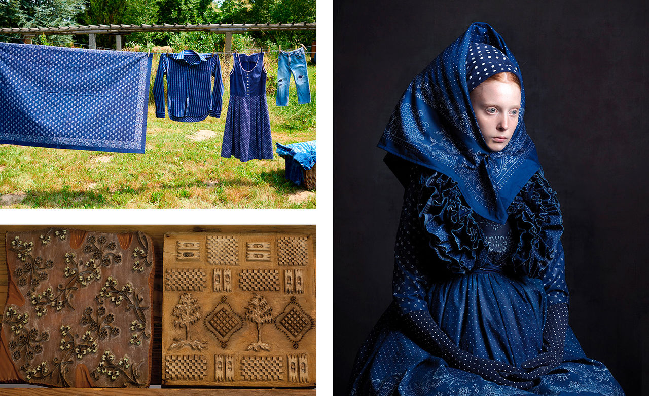 Foto rechts: bedruckte Wäche beim Trocknen, Druckmodelle, links: Textilkunst von Susanne Bisovsky