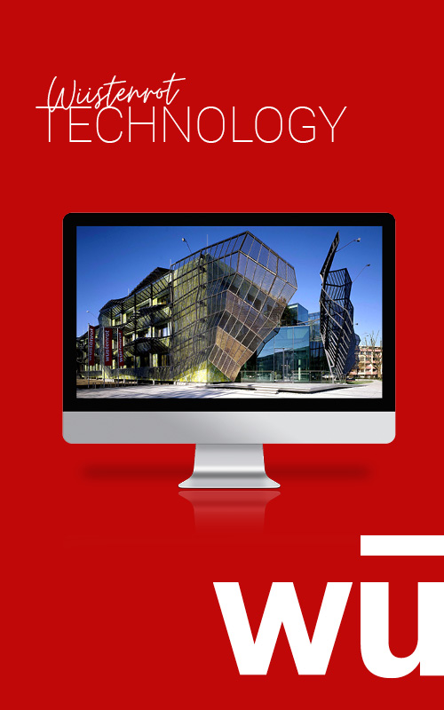 Wüstenrot Technolgy Logo mit iMac auf welchem das Firmengebäude in Salzburg zu sehen ist
